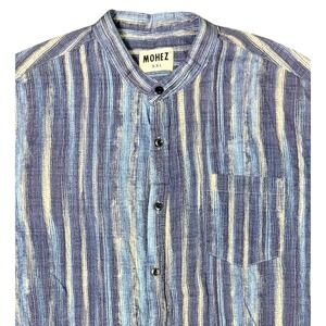 Mohez Mens XXL Blue Striped Short Sleeve Mandarin Collar Cotton Viscose‎ Shirt